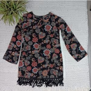 Rue 21 Boho Floral Multicolor Print Tunic Mini Dress w/Fringe Hem Long Sleeves